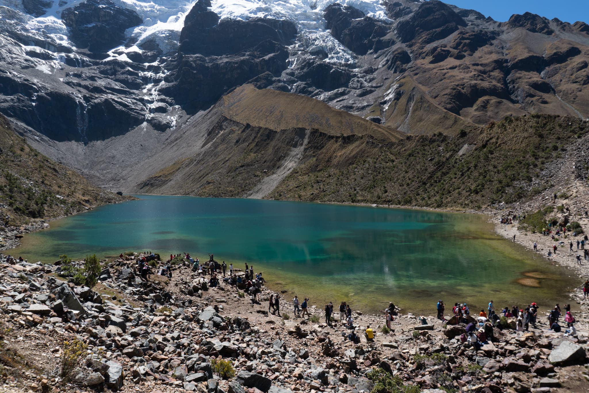 Turquoise Laguna Humantay beneath Andean mountains